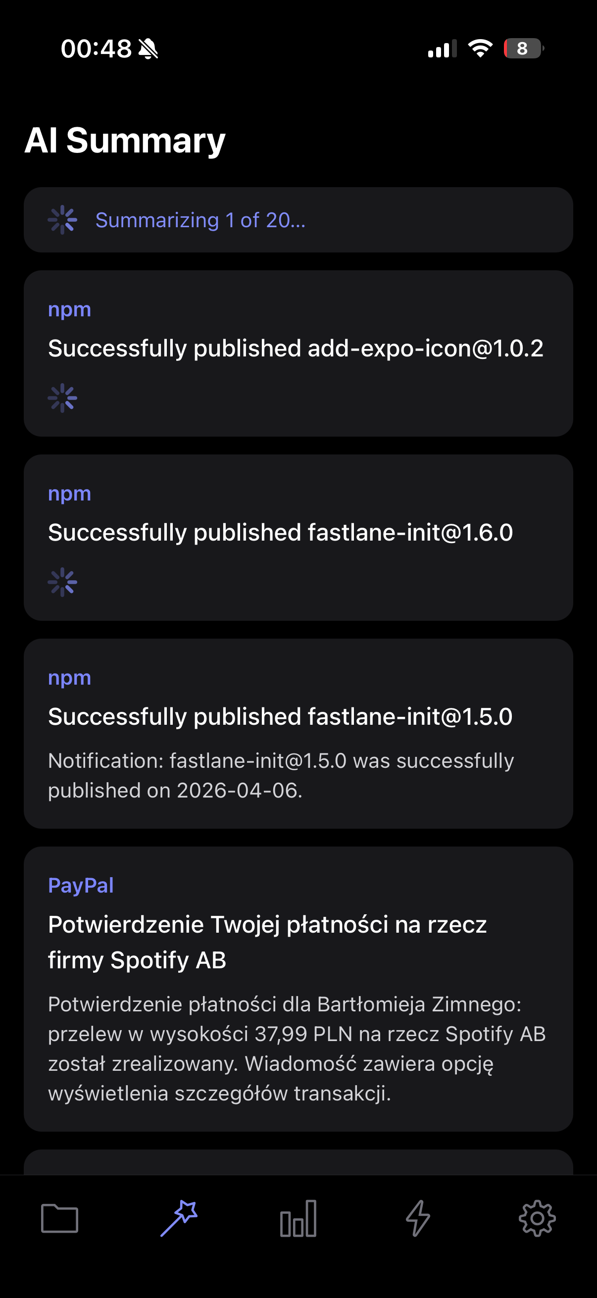 AI Summary screen showing automated email summarization