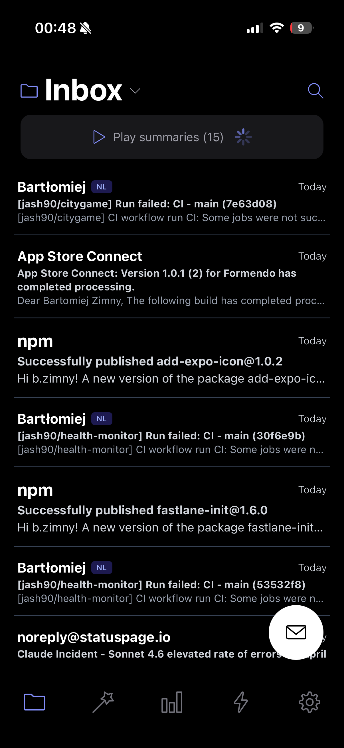 Mail App inbox showing email threads with AI summary playback