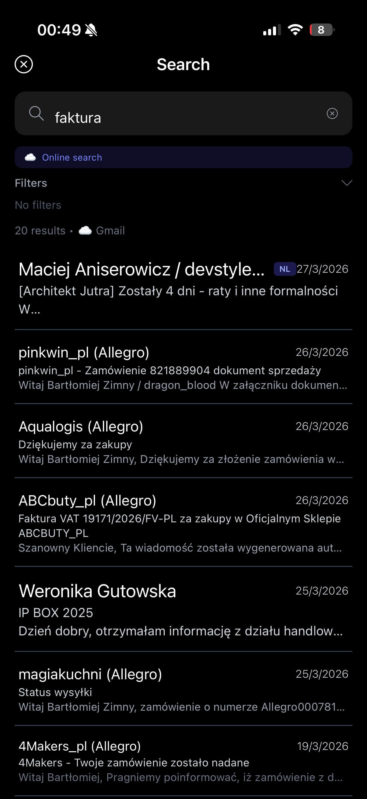 Search screen with filters and results from Gmail